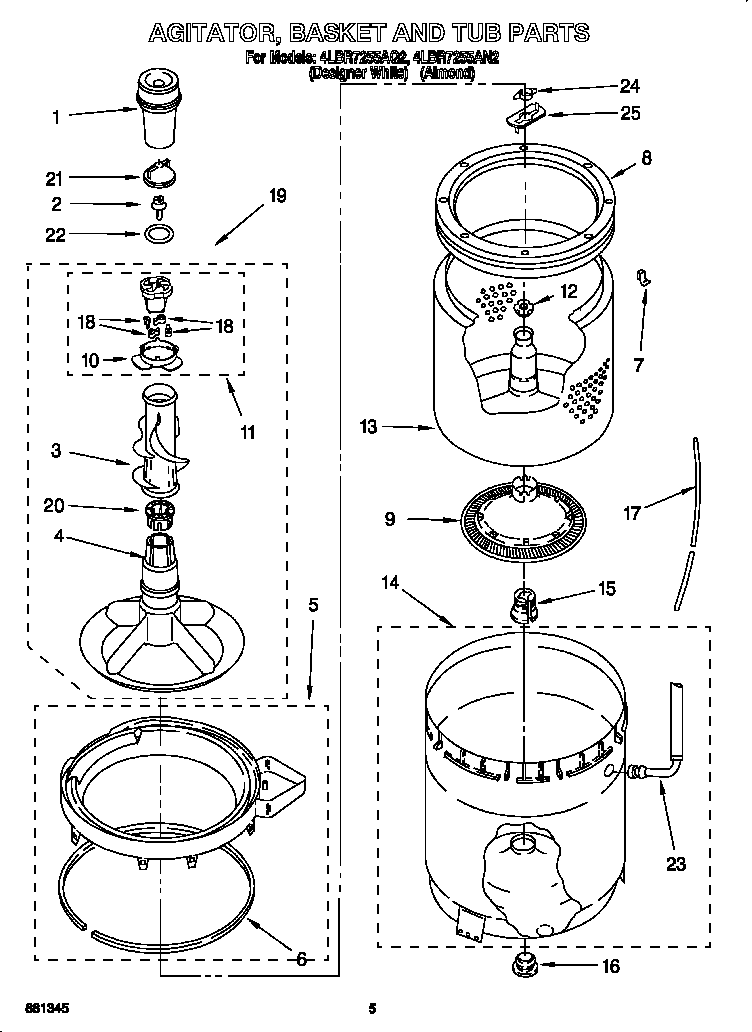 AGITATOR, BASKET AND TUB