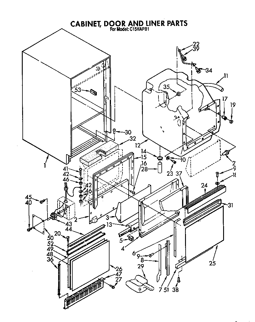 Cabinet, door and liner
