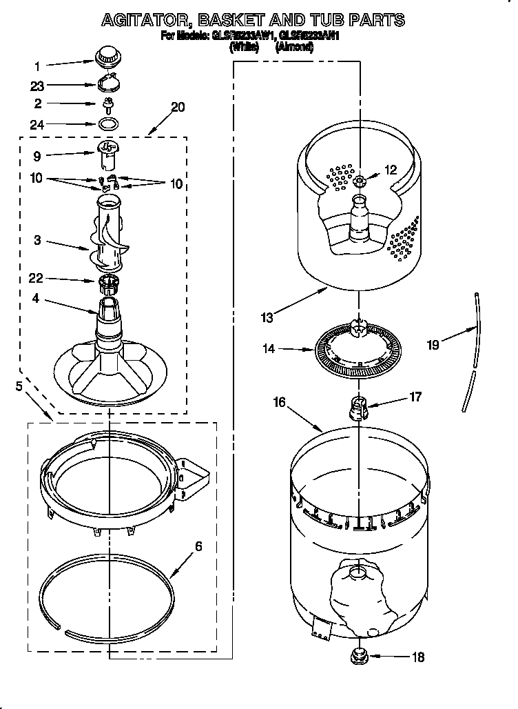 AGITATOR, BASKET AND TUB