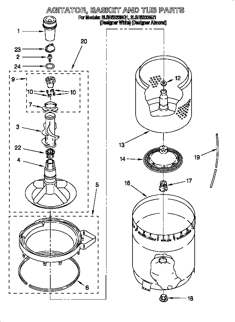 Agitator, basket and tub