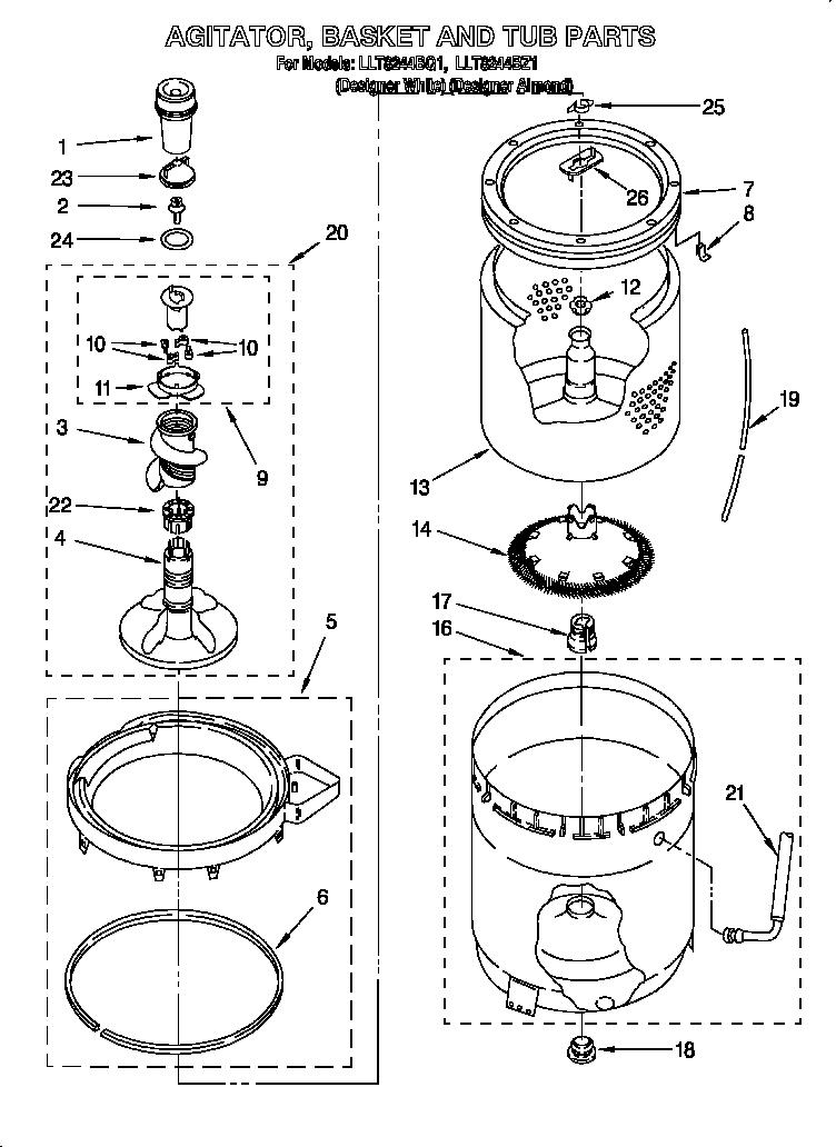 Agitator, basket and tub