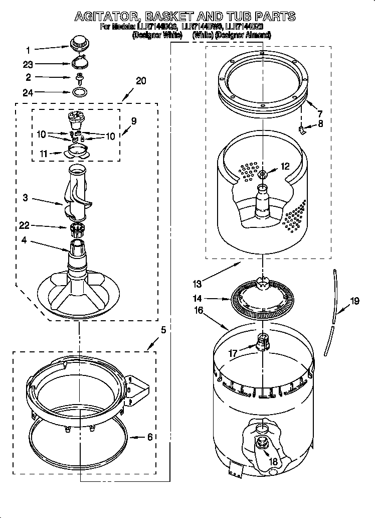 AGITATOR, BASKET AND TUB