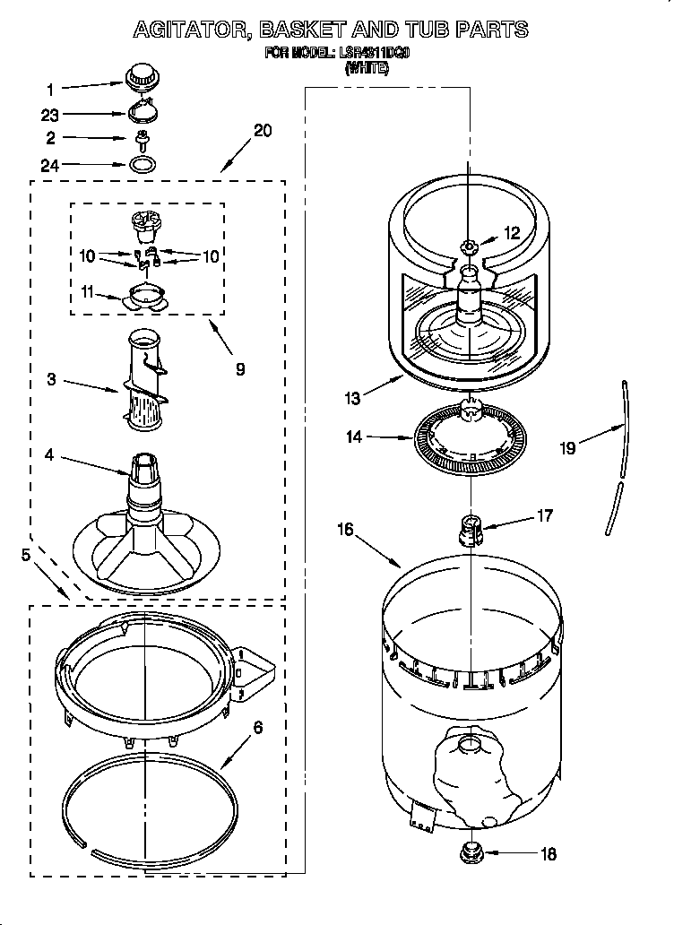 Agitator, basket and tub
