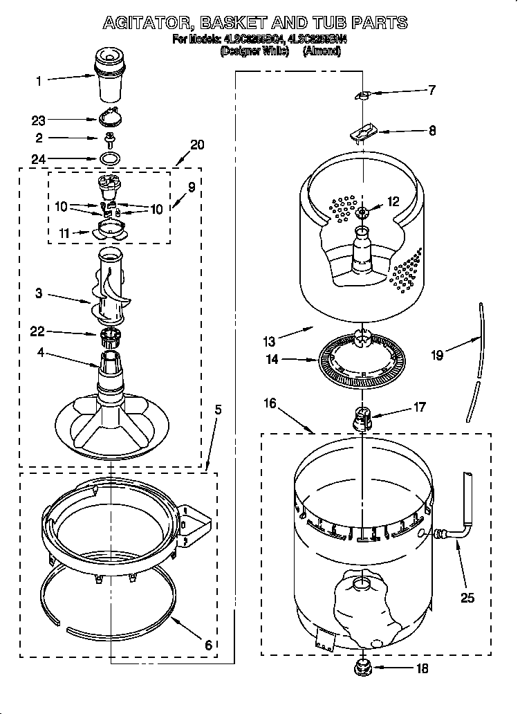 AGITATOR, BASKET AND TUB