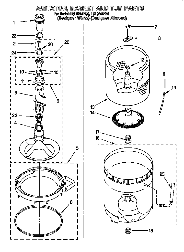 Agitator, basket and tub