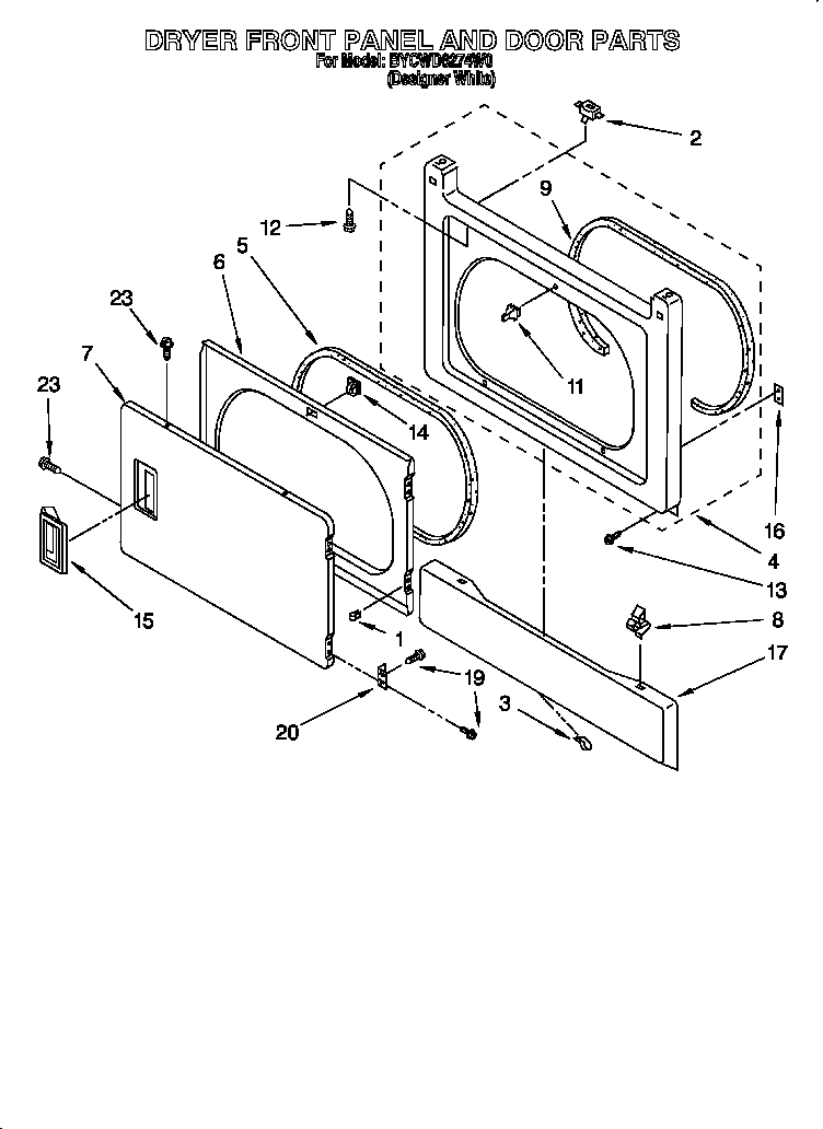 Dryer front panel and door