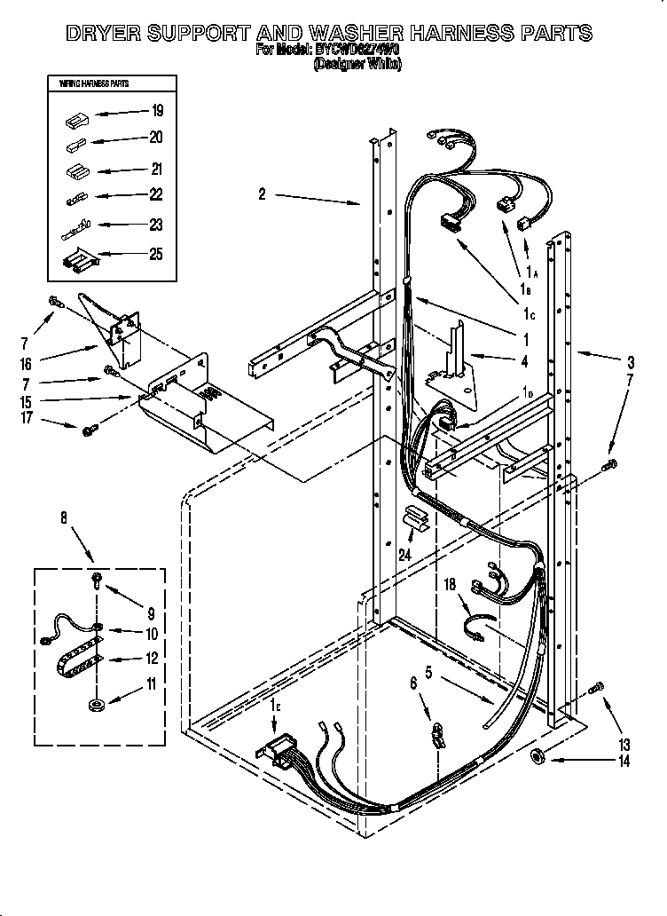 Dryer support and washer harness