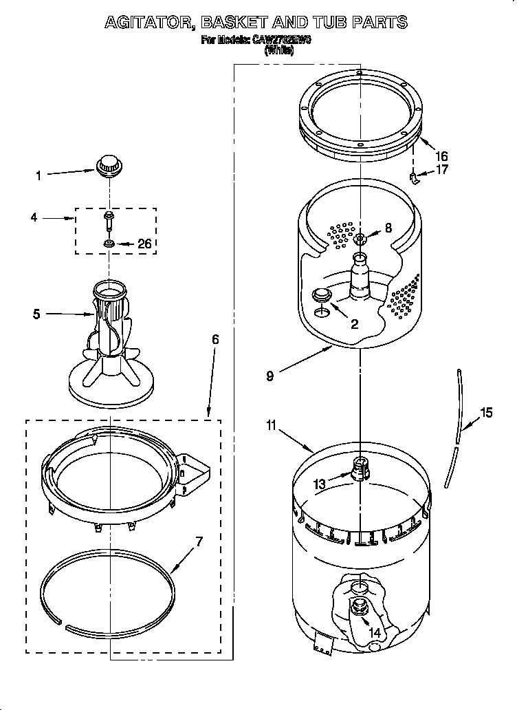 Agitator, basket and tub