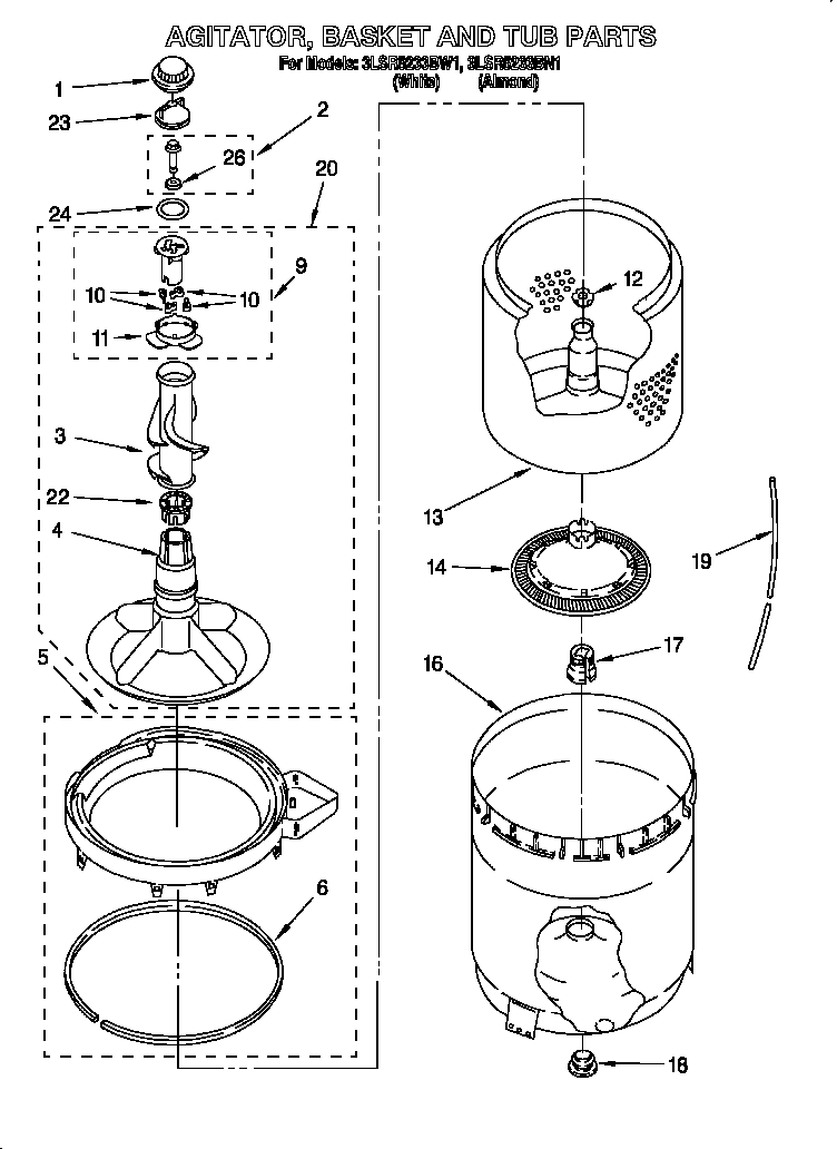 AGITATOR, BASKET AND TUB