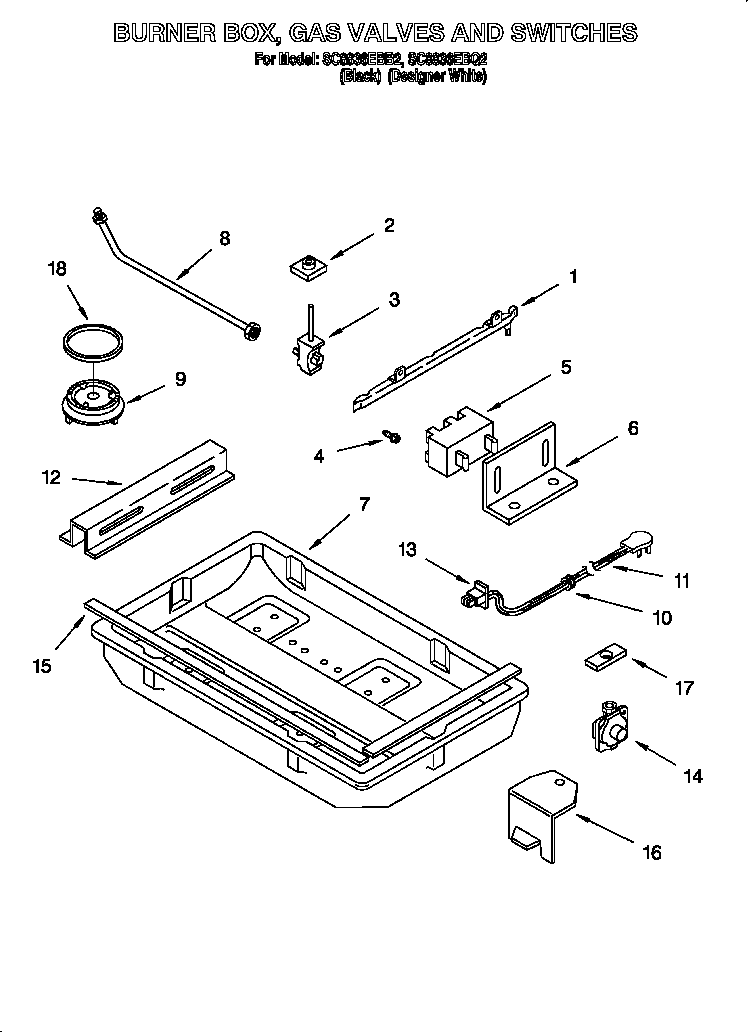 Burner box, gas valves and switches