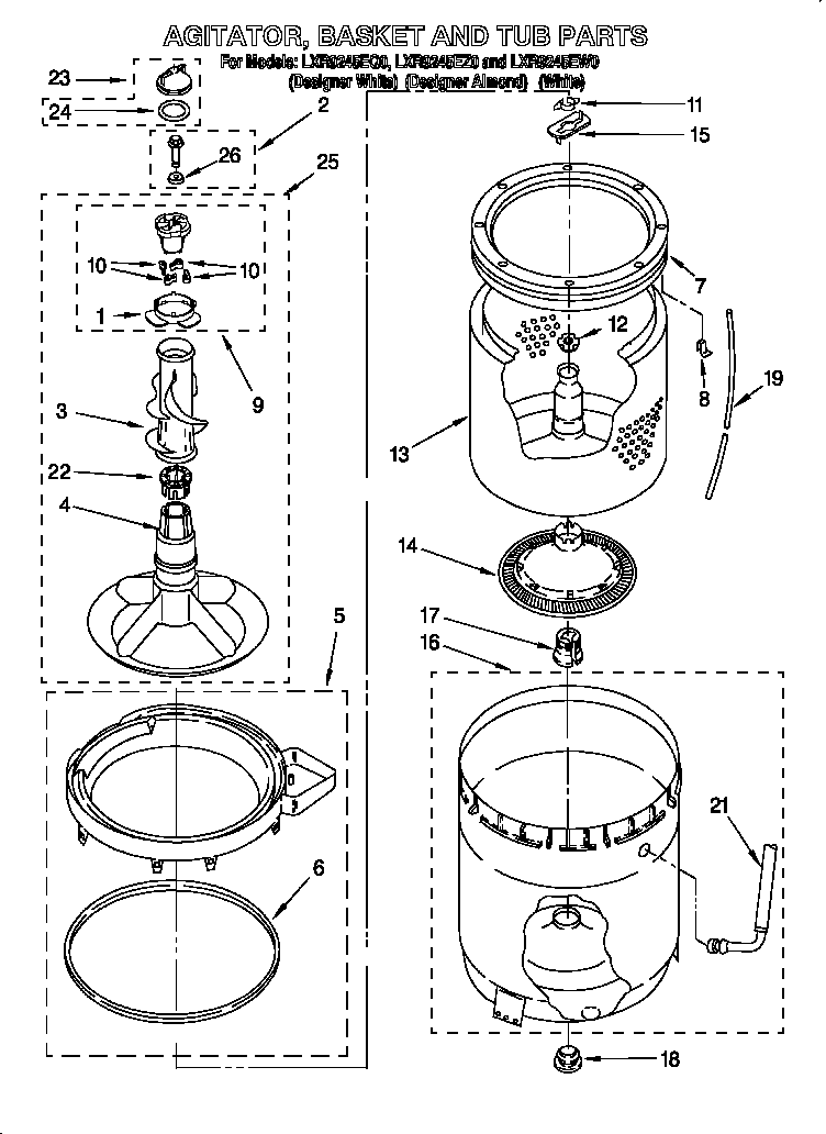 AGITATOR, BASKET AND TUB