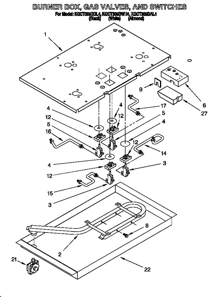 BURNER BOX, GAS VALVES, AND SWITCHES