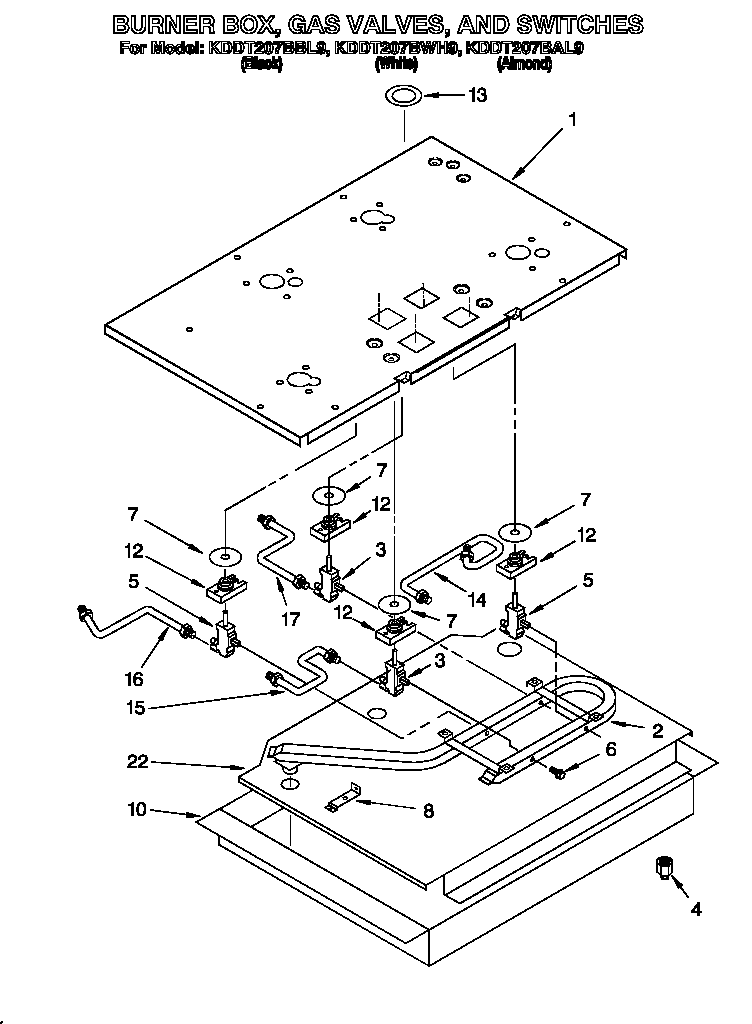 Burner box, gas valves, and switches