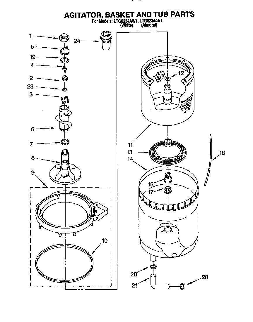 AGITATOR, BASKET AND TUB