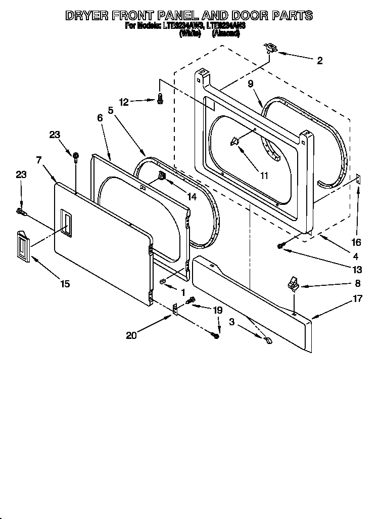 Dryer front panel and door