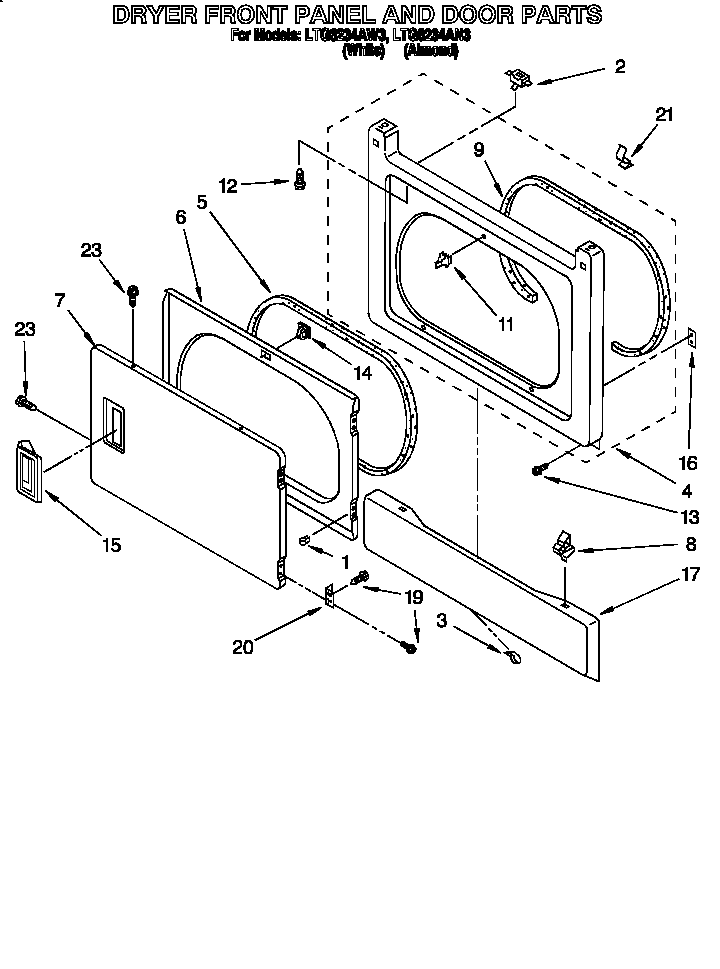 Dryer front panel and door