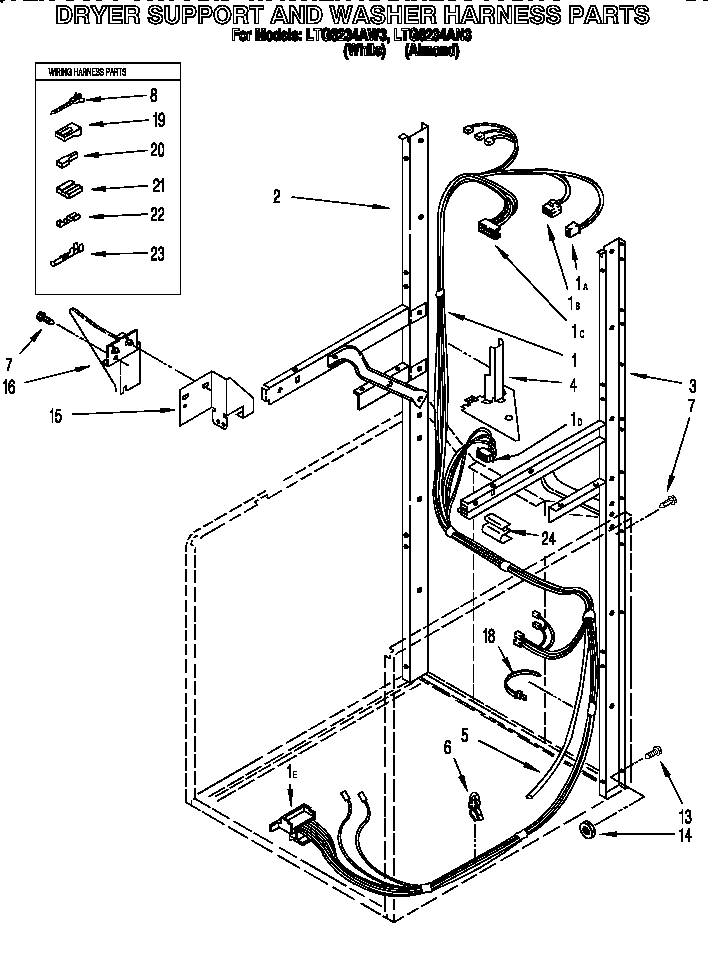 Dryer support and washer harness