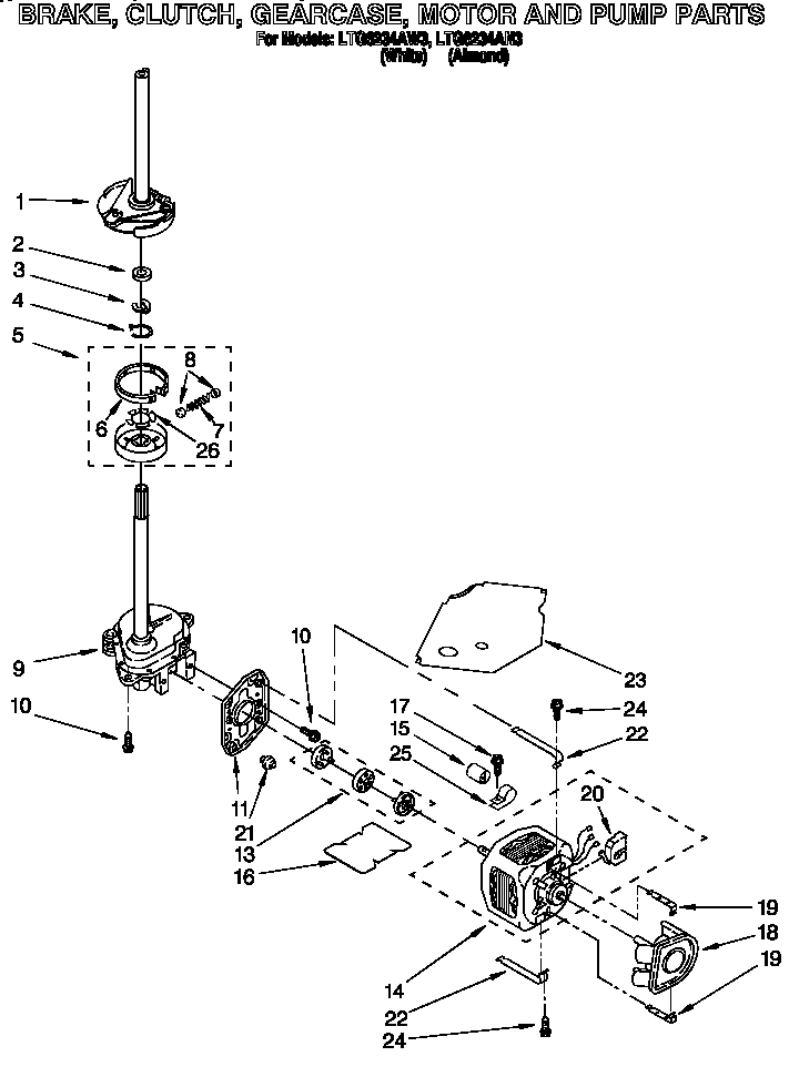 Brake, clutch, gearcase, motor and pump