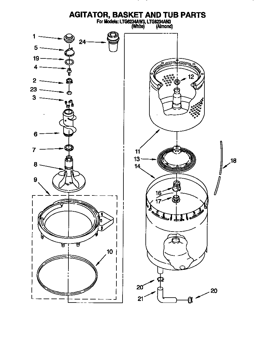 AGITATOR, BASKET AND TUB