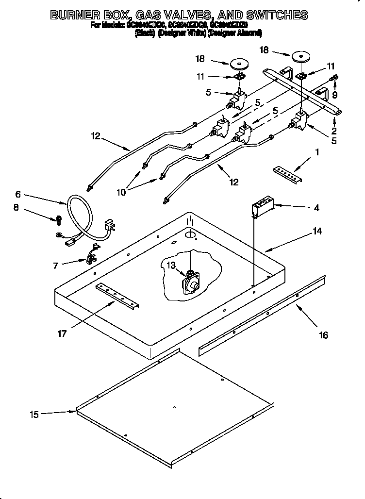 Burner box, gas valves, and switches