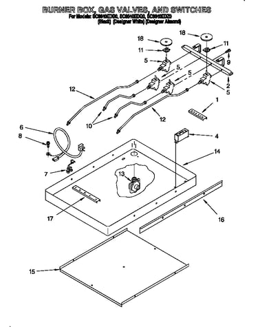 Burner box, gas valves, and switches