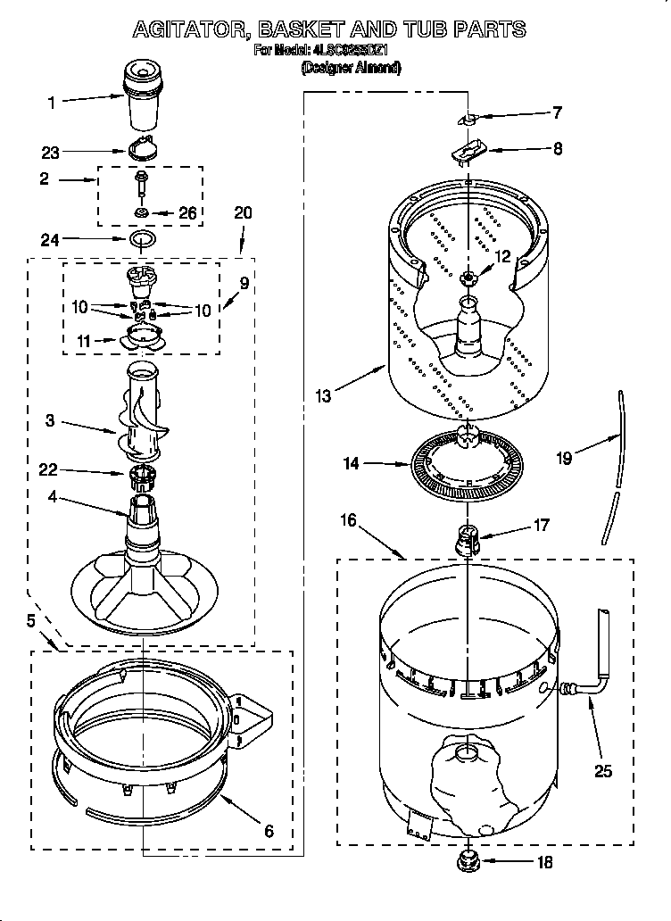 AGITATOR, BASKET AND TUB