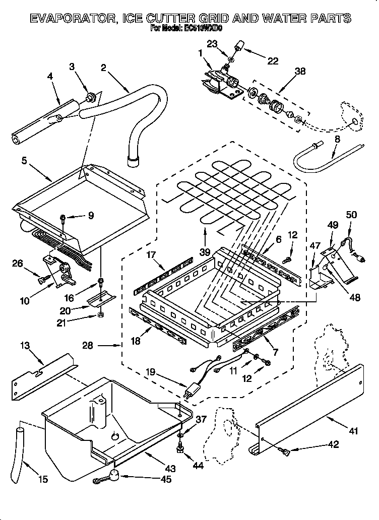 Evaporator, ice cutter grid and water