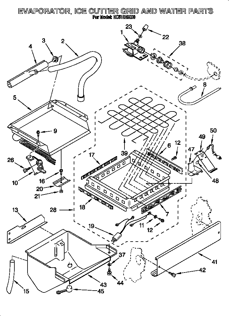 Evaporator, ice cutter grid and water
