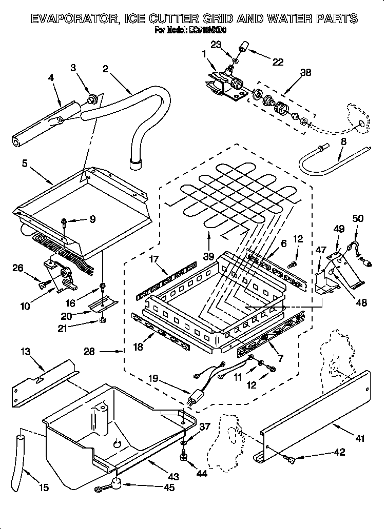 Evaporator, ice cutter grid and water