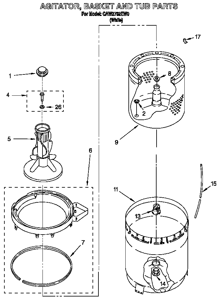 AGITATOR, BASKET AND TUB