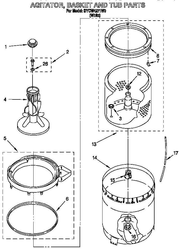 AGITATOR, BASKET AND TUB