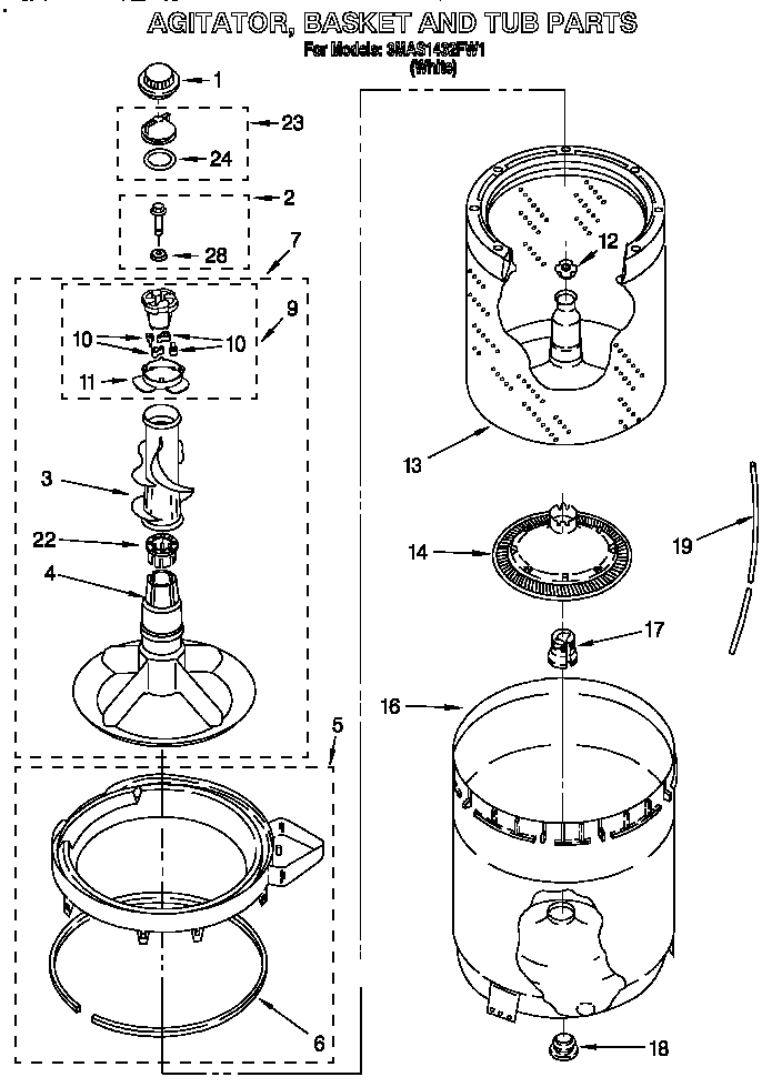 Agitator, basket and tub