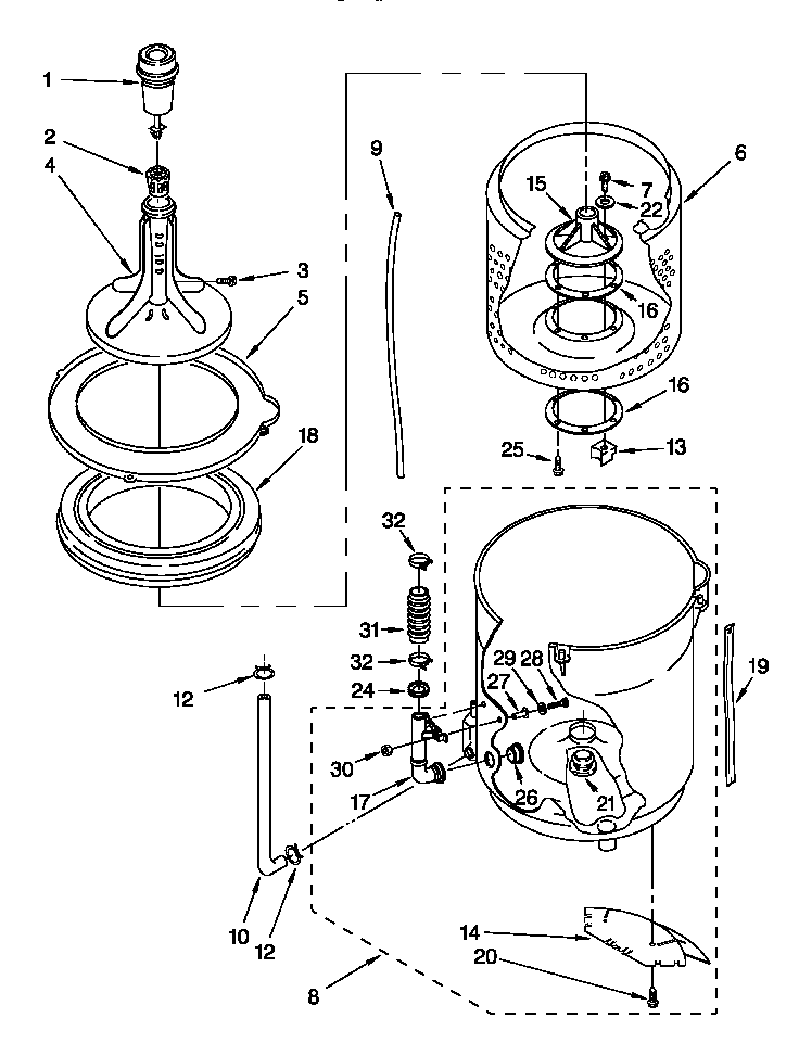 Agitator, basket and tub