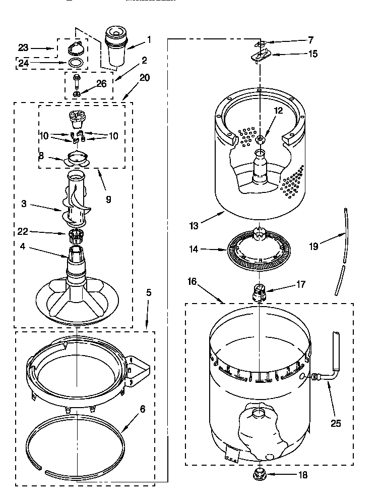 Agitator, basket and tub
