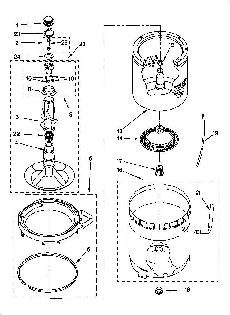 AGITATOR, BASKET AND TUB