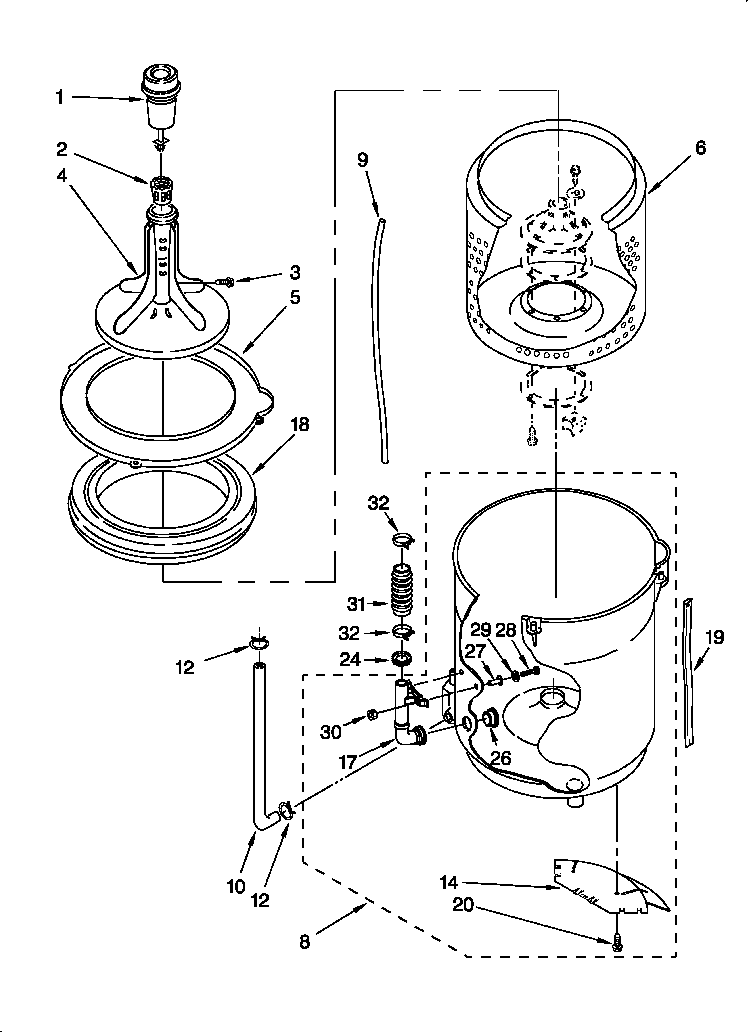 Agitator, basket and tub