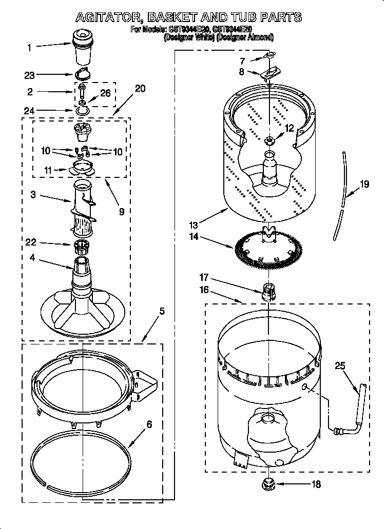 Agitator, basket and tub