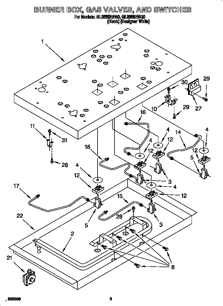 Burner box, gas valves, switches