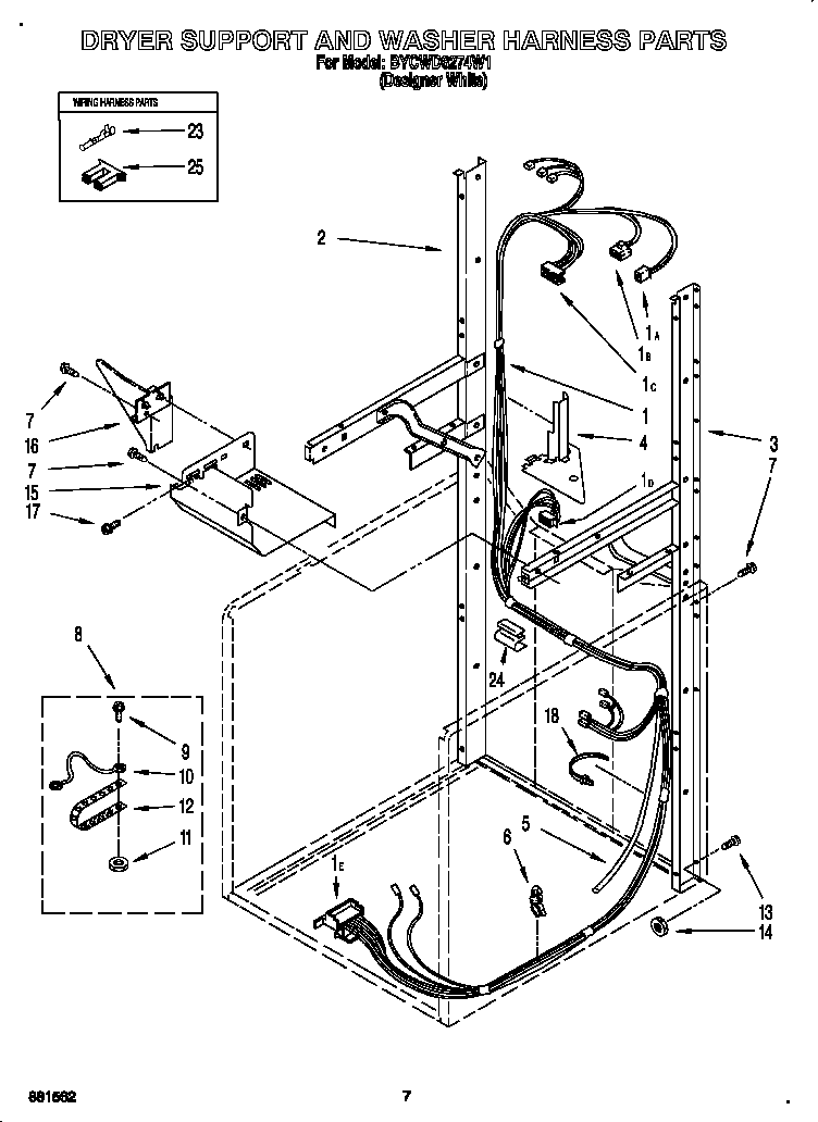 Dryer support and washer harness