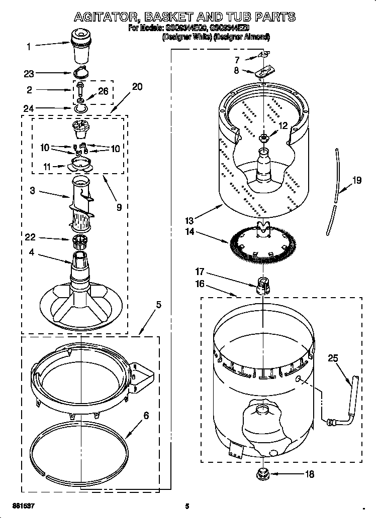 Agitator, basket, tub
