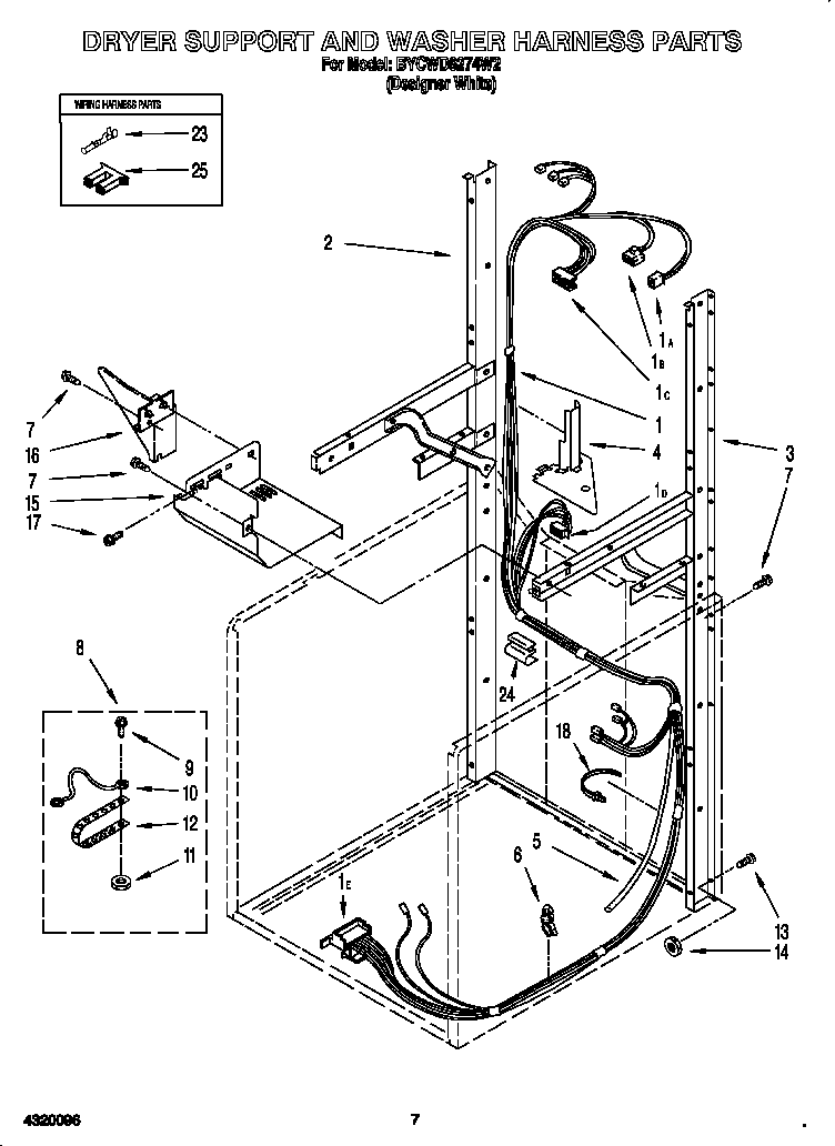 Dryer support and washer harness