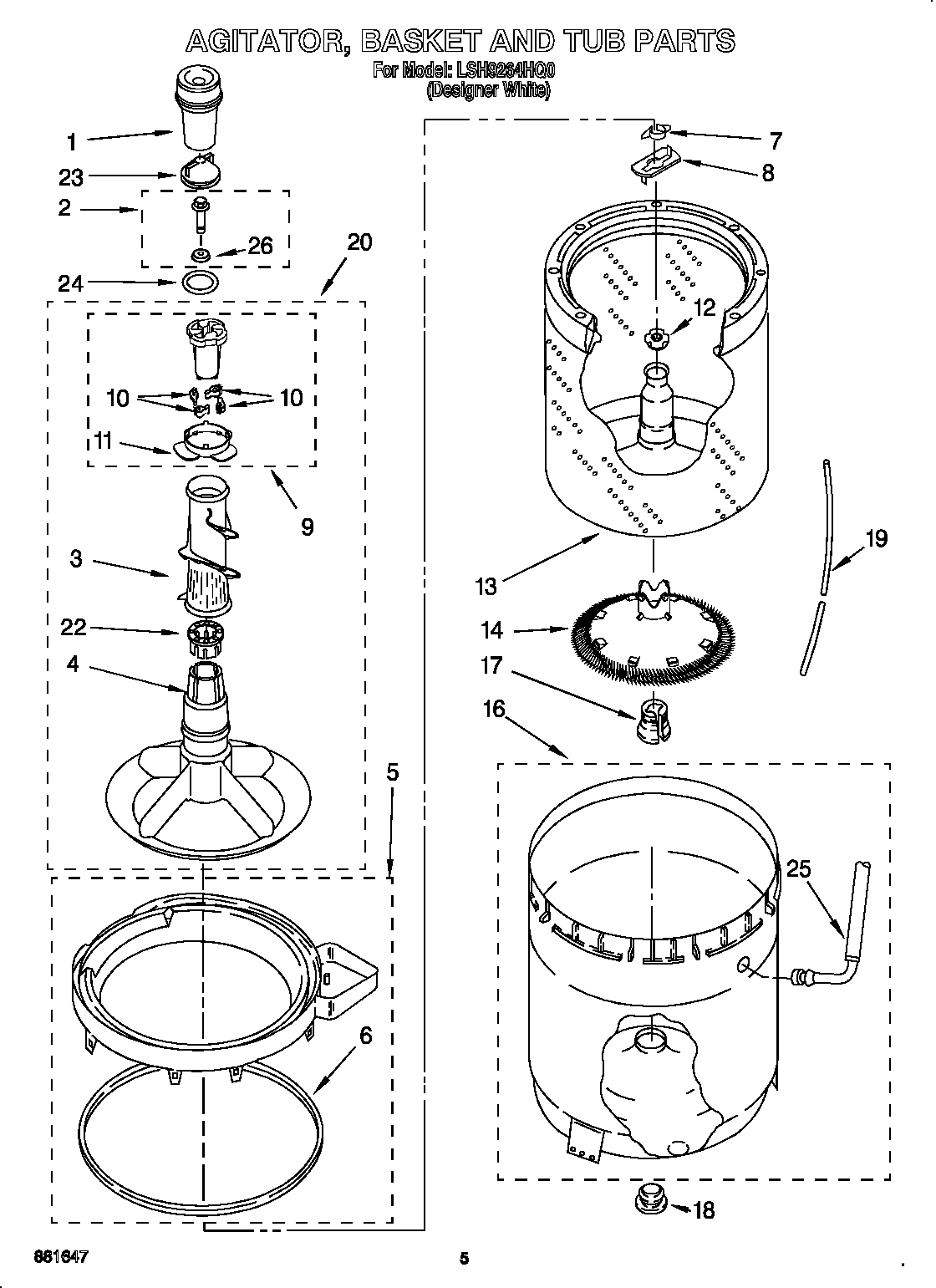 Agitator, basket and tub