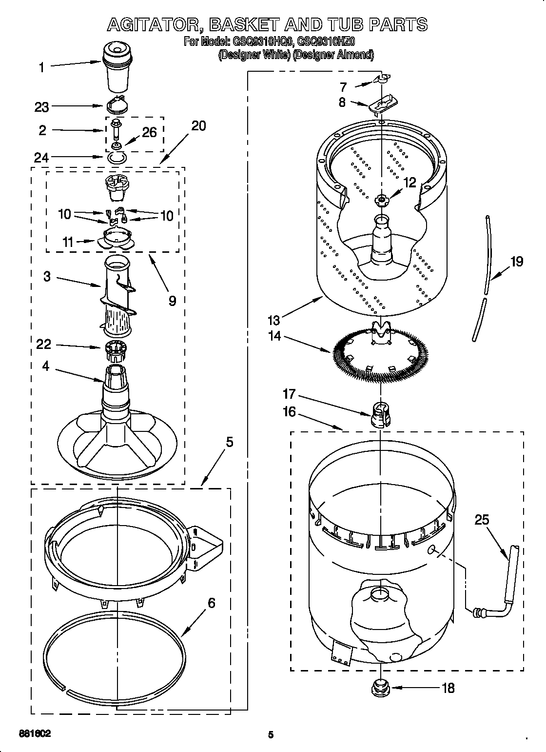 AGITATOR, BASKET AND TUB