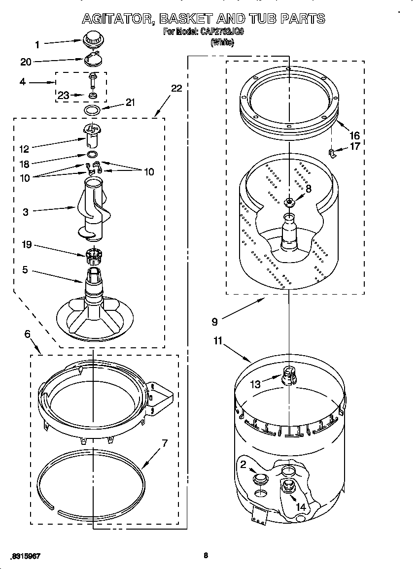 Agitator, basket, tub