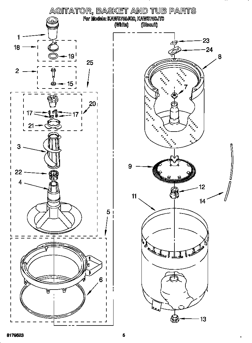 Agitator, basket, and tub