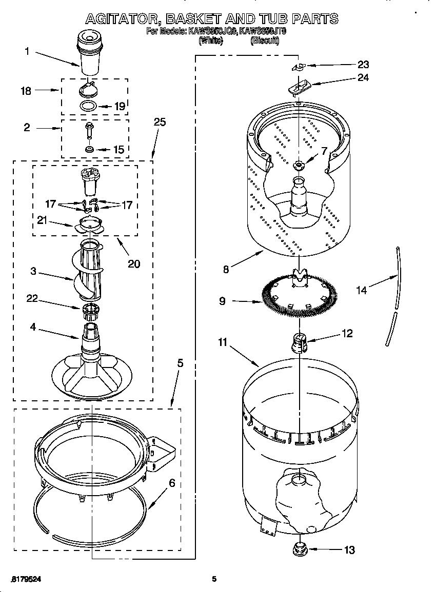 Agitator, basket, and tub