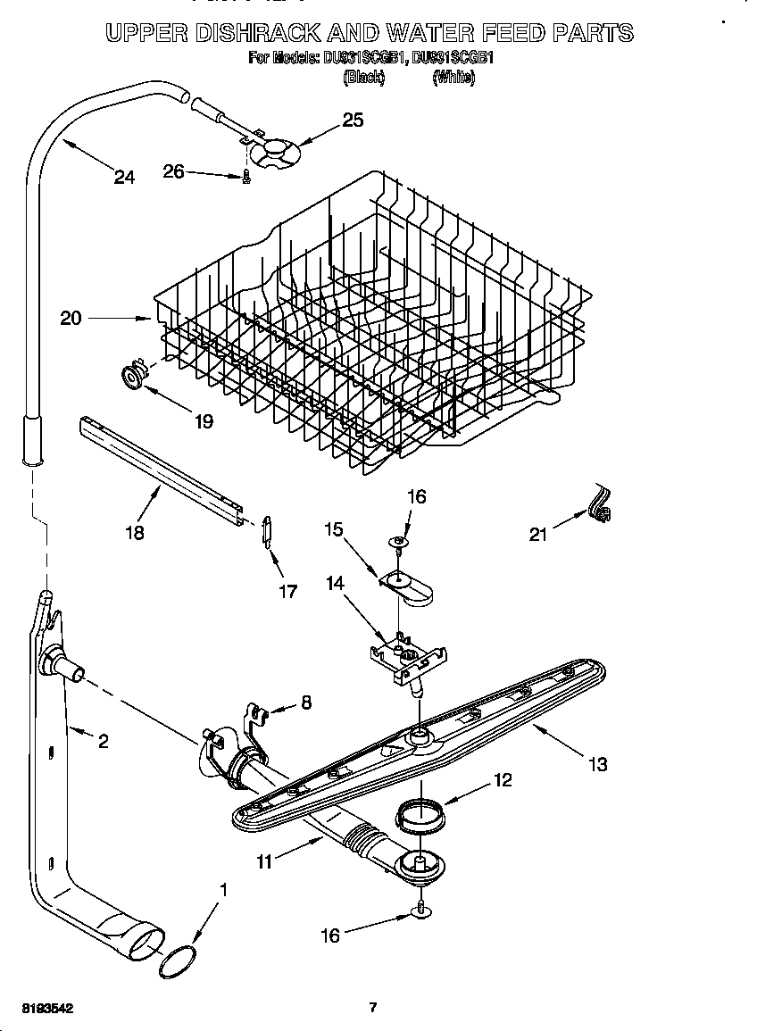 Upper dishrack and water feed