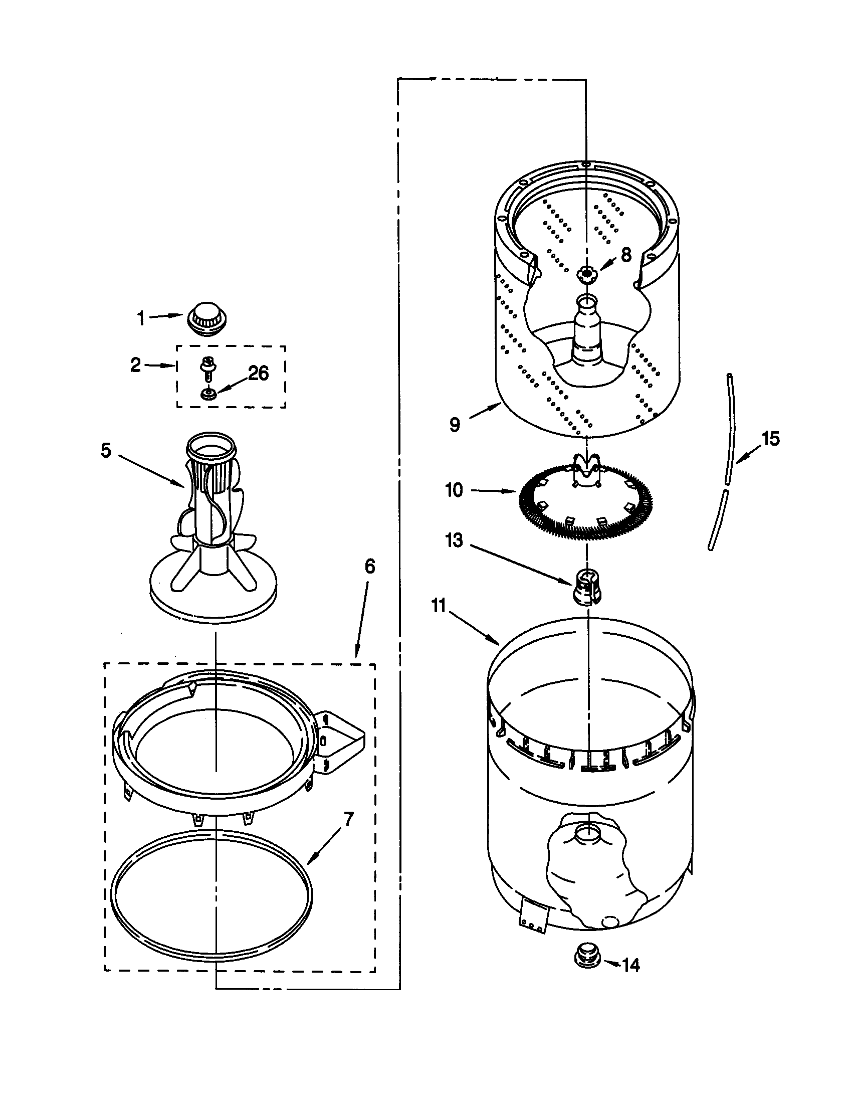 AGITATOR, BASKET AND TUB