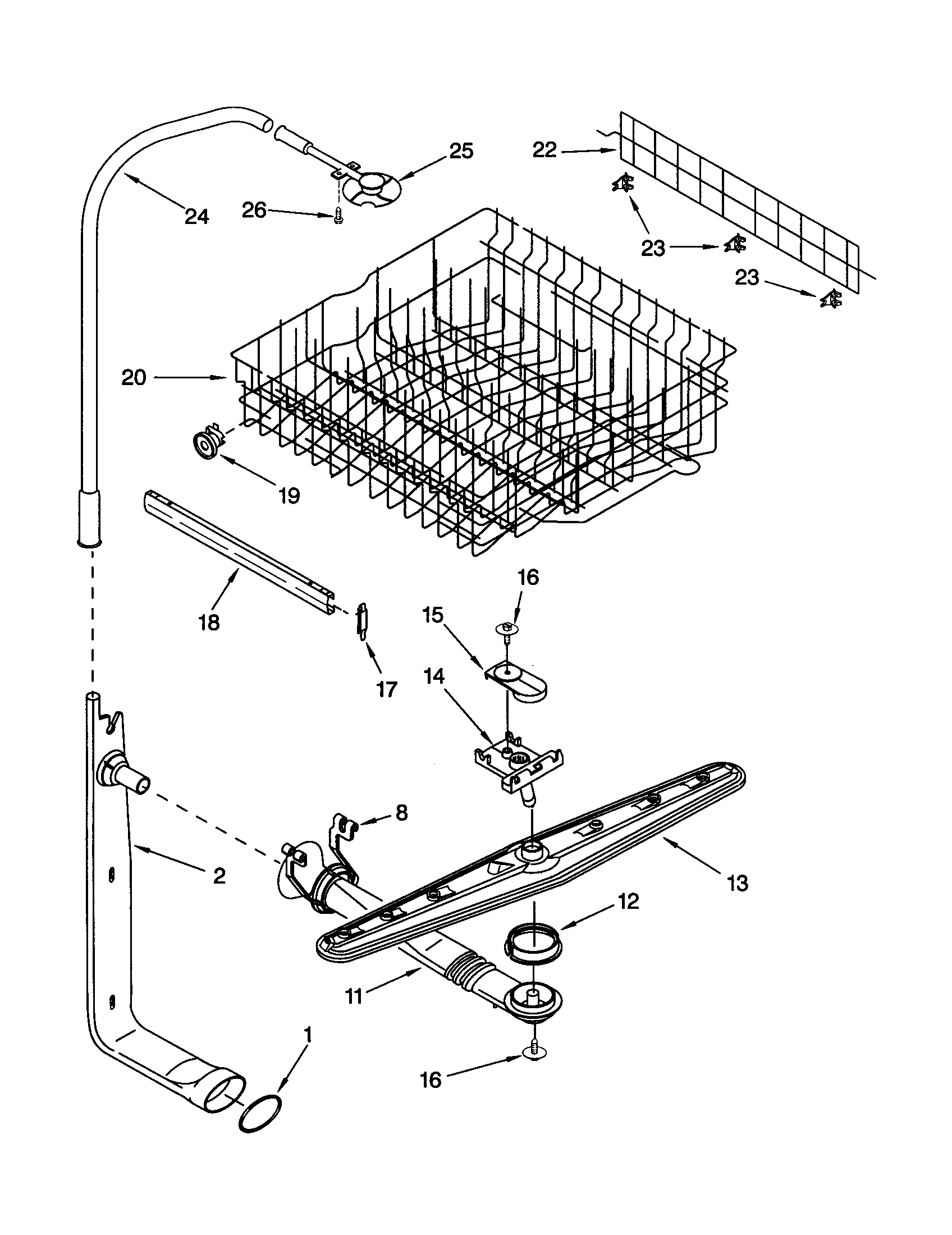 Upper dishrack and water feed