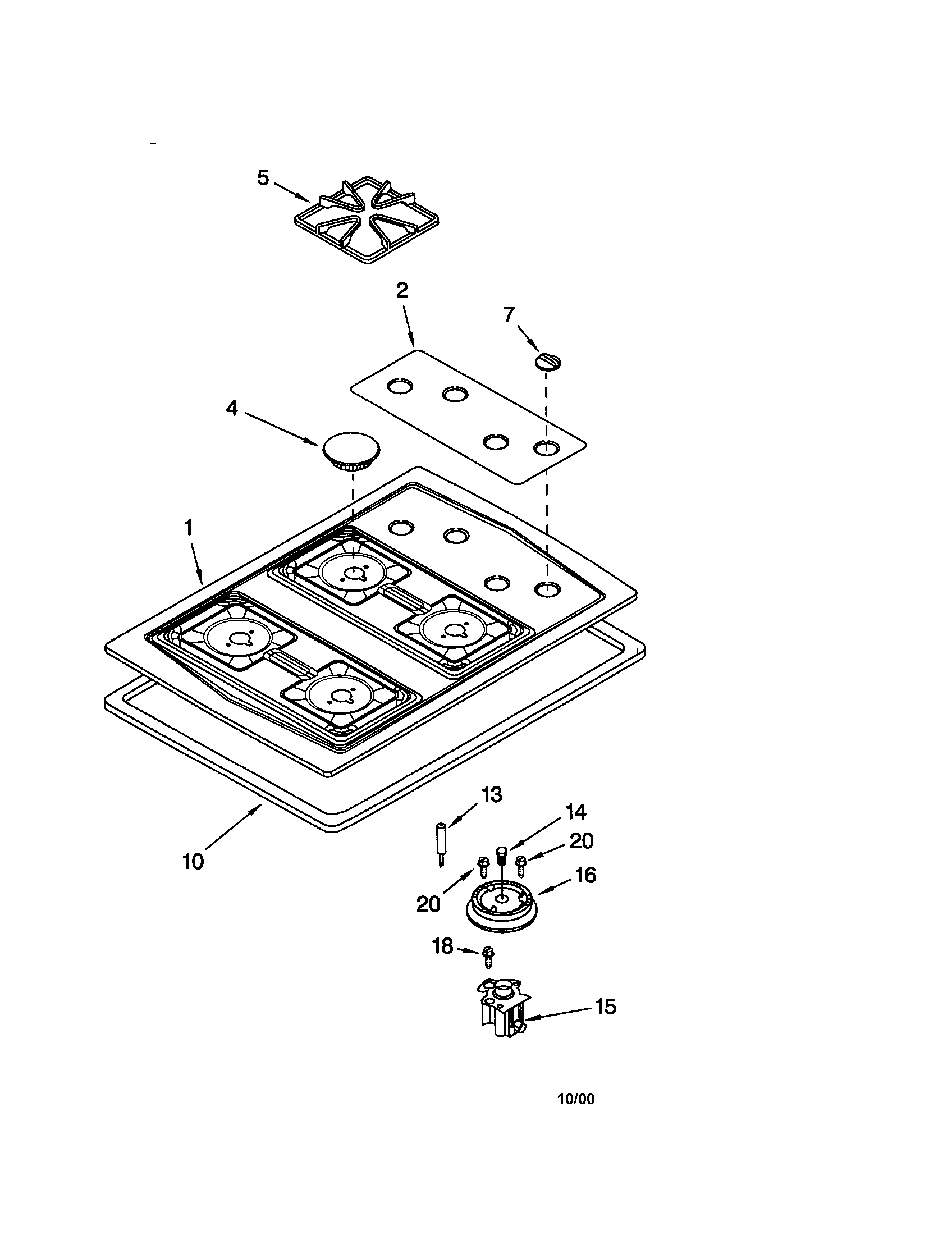 Cooktop, burner and grate